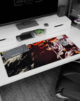 Gintoki Sakata slashing through chaos on an anime desk pad 36x16 inches, white kimono and blazing backdrop.