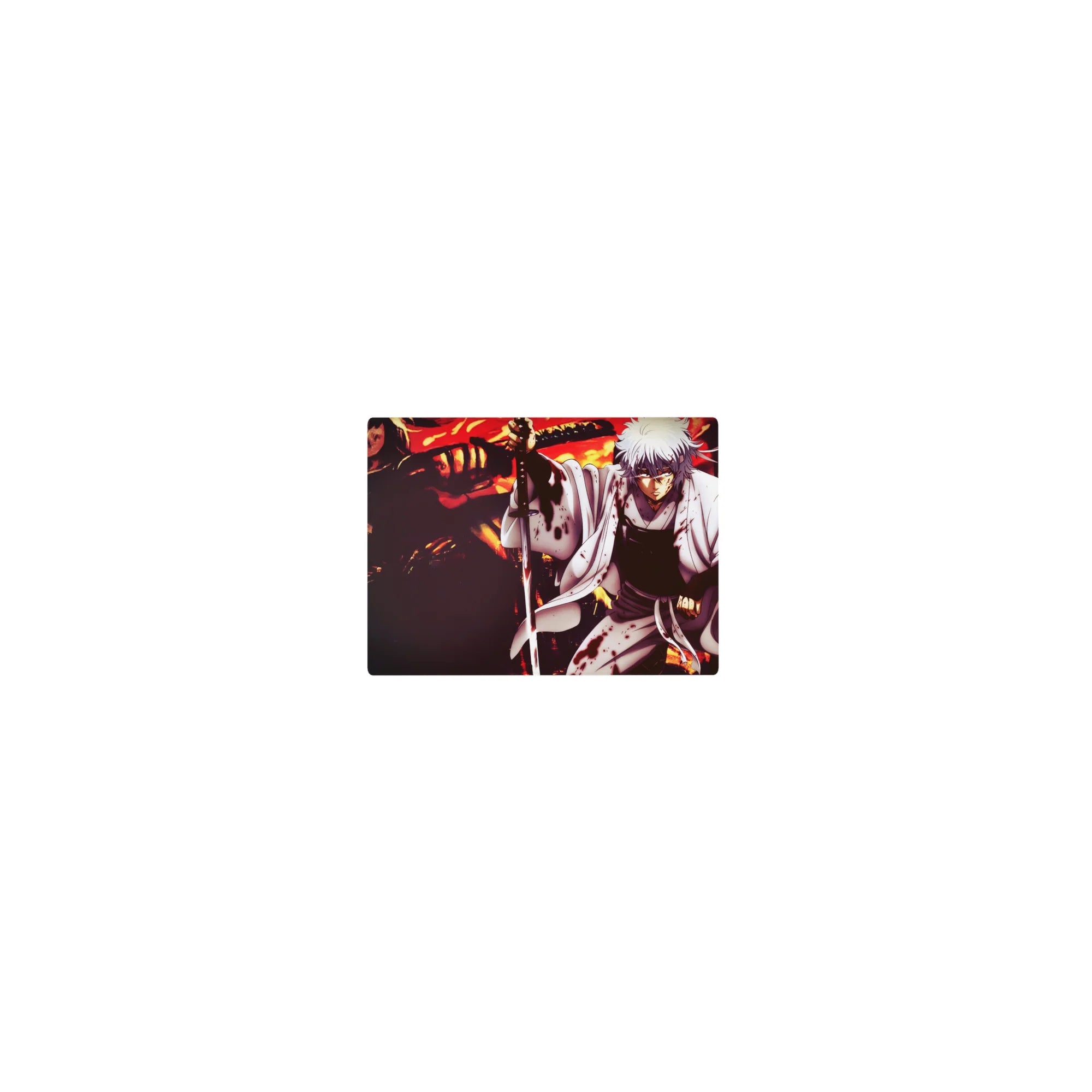 Classic anime mouse pad 14x10 inches with ruined city backdrop, swordsman, and monster shadow silhouette.
