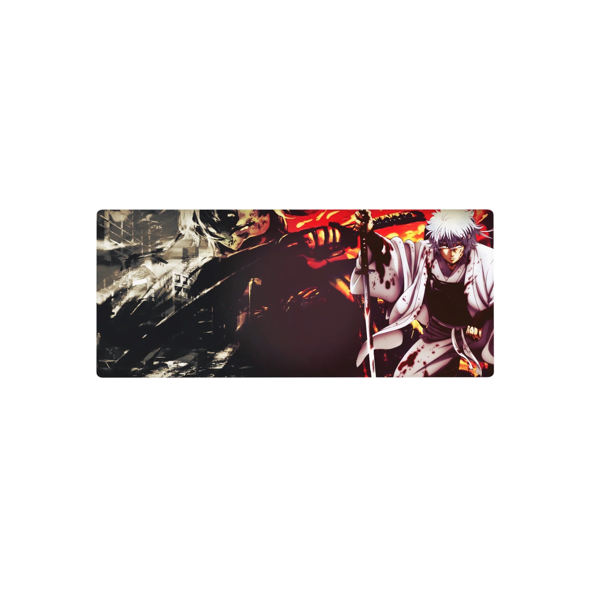 28x12 inches anime mouse pad with samurai in ruined city, sword drawn, monster silhouette and firelight.