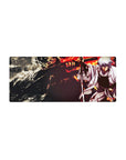 28x12 inches anime mouse pad with samurai in ruined city, sword drawn, monster silhouette and firelight.
