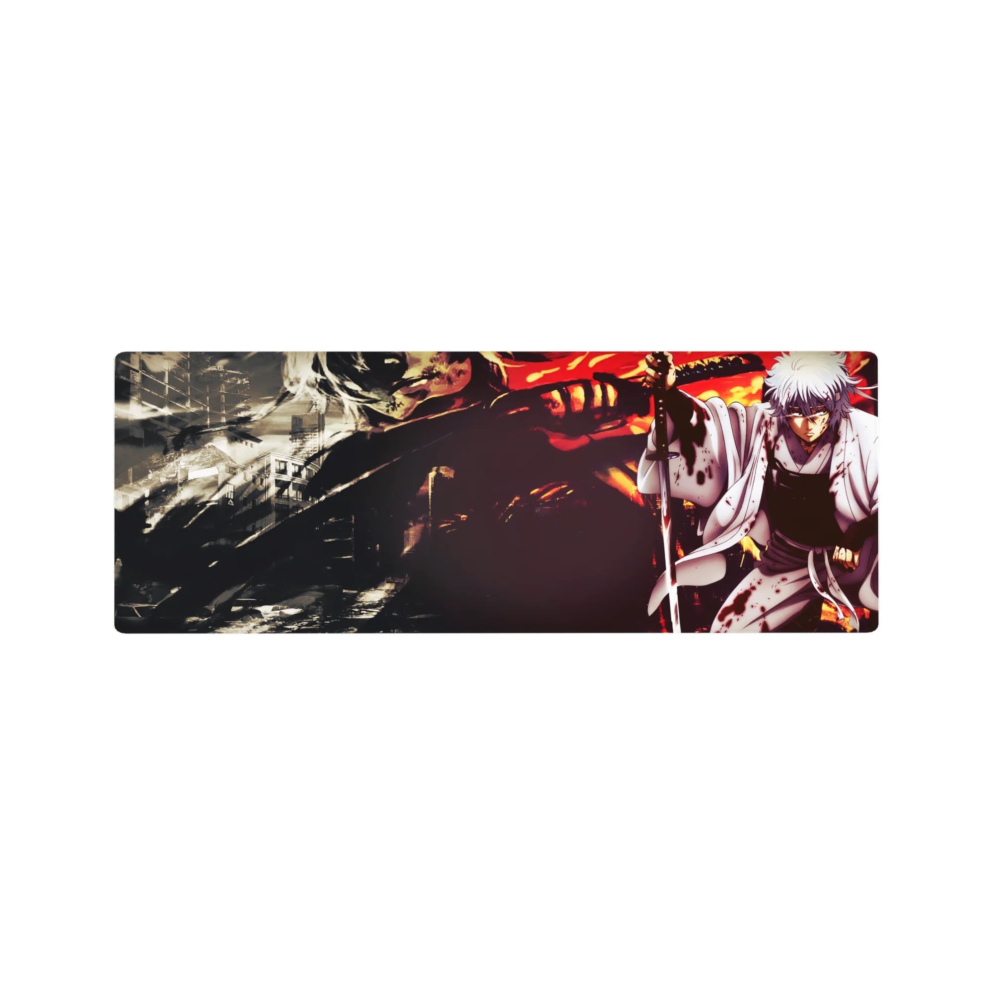 Stormy anime desk mouse pad 32x12 inches with swordsman, ruined city backdrop and monster silhouette.