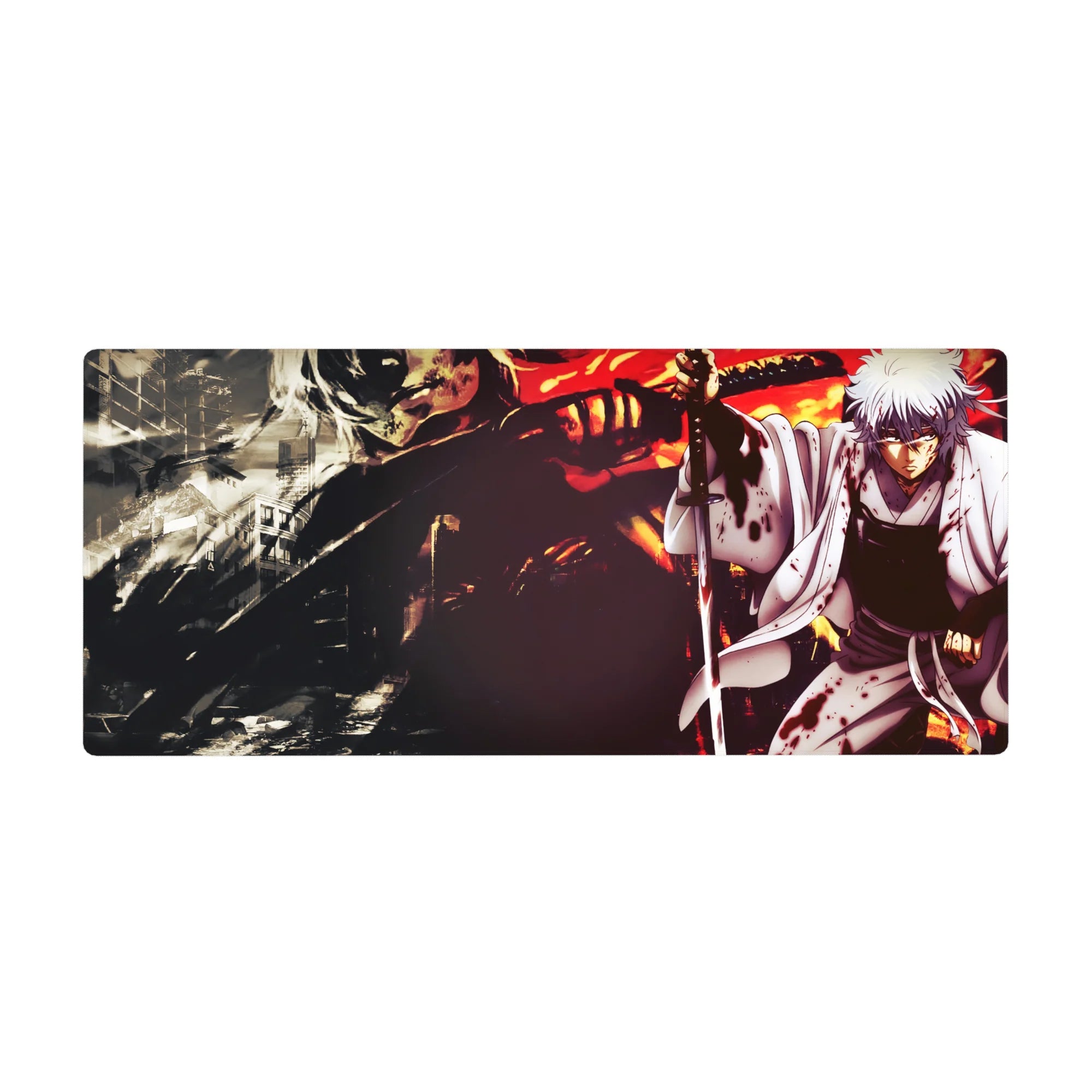 Cinematic anime desk pad 36x16 inches with white-haired swordsman in ruined city and monster silhouette.