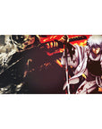 Cinematic anime desk pad 40x20 inches with white-haired swordsman amid ruined city and firelight.