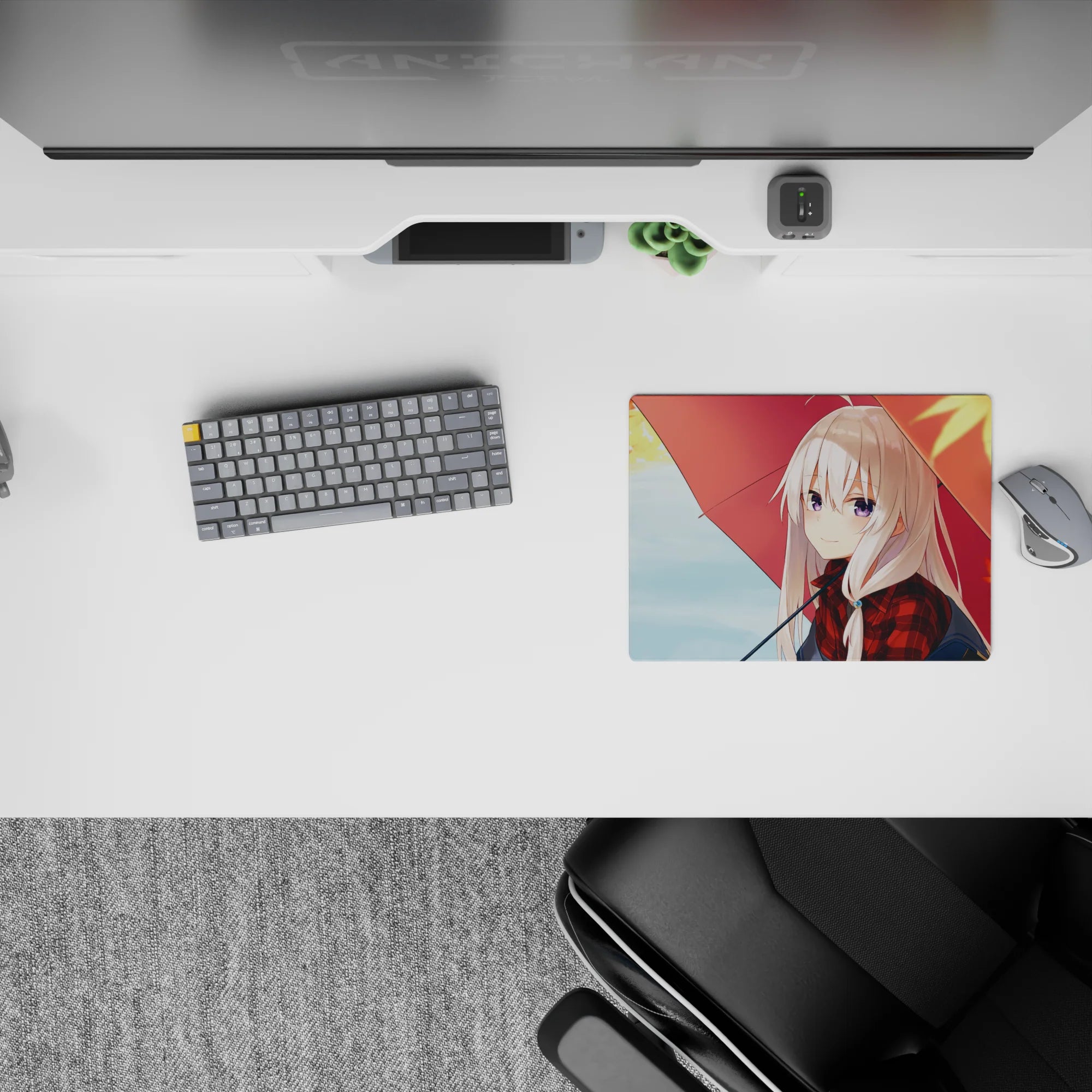 Cozy rainy-day anime mouse pad 14x10 inches in red plaid, soft blues, maple leaves, and violet eyes.