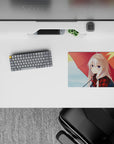 Cozy rainy-day anime mouse pad 14x10 inches in red plaid, soft blues, maple leaves, and violet eyes.