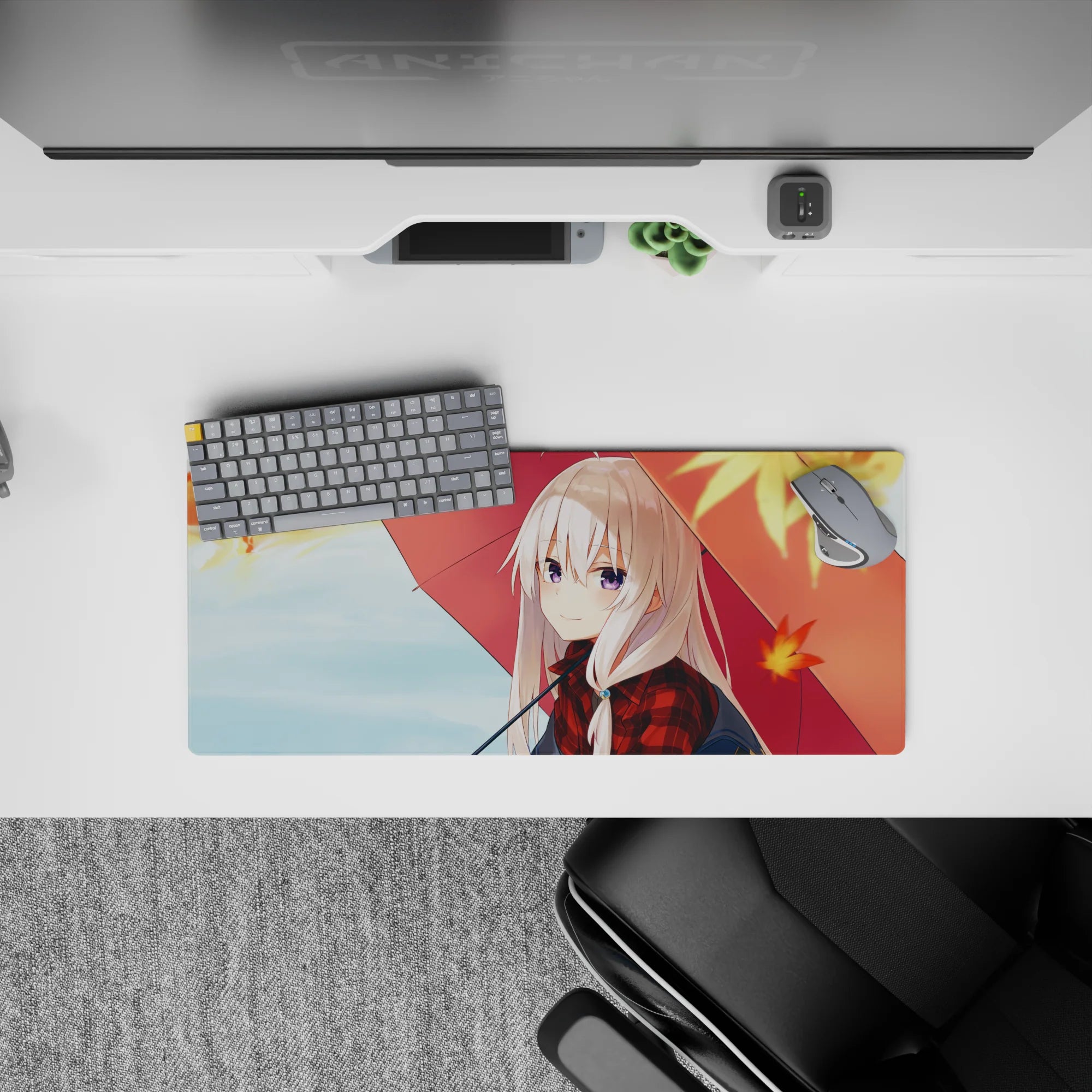 28x12 inches kawaii anime desk mat in warm reds and blues, cozy rainy autumn mood with bright print.