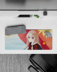 28x12 inches kawaii anime desk mat in warm reds and blues, cozy rainy autumn mood with bright print.