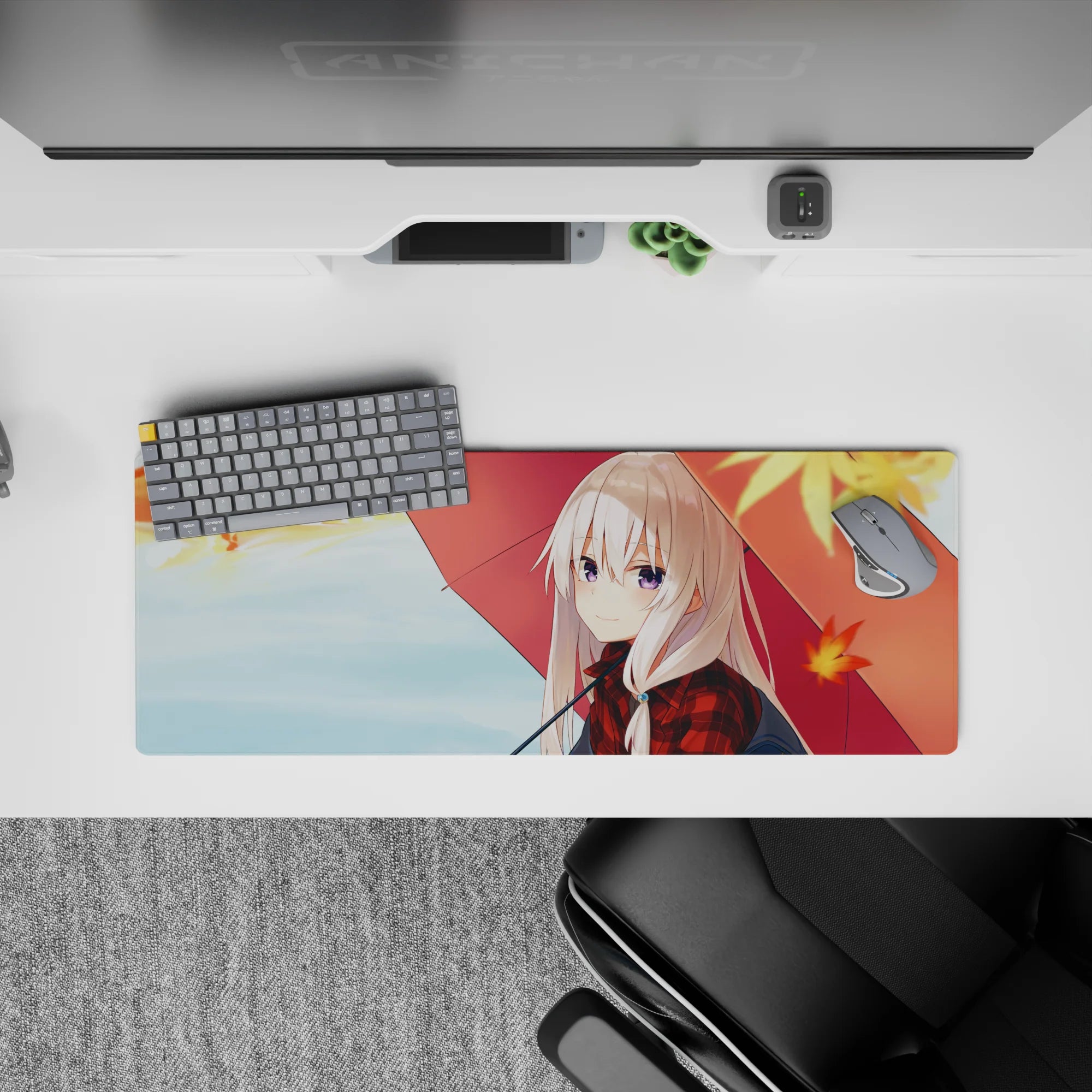 32x12 inches desk mouse pad in cozy rainy-day palette: red plaid, soft blues, creamy sky, violet eyes.