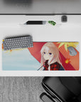32x12 inches desk mouse pad in cozy rainy-day palette: red plaid, soft blues, creamy sky, violet eyes.