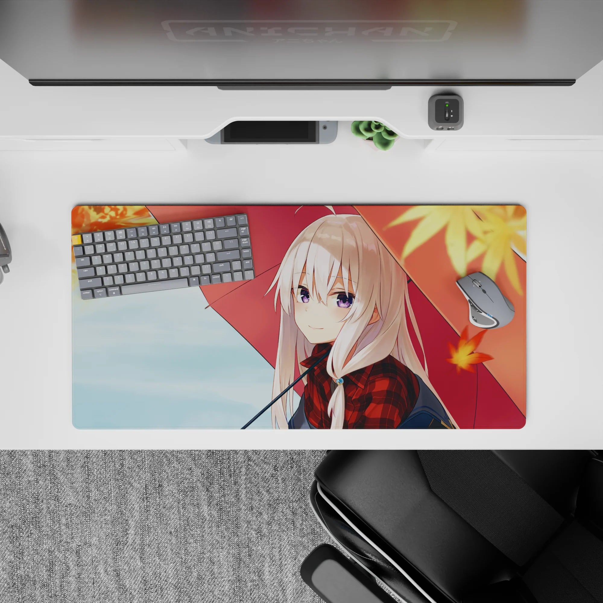 32x16 inches kawaii desk mouse pad in red plaid and soft blues, cozy rainy autumn vibe.
