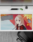 32x16 inches kawaii desk mouse pad in red plaid and soft blues, cozy rainy autumn vibe.