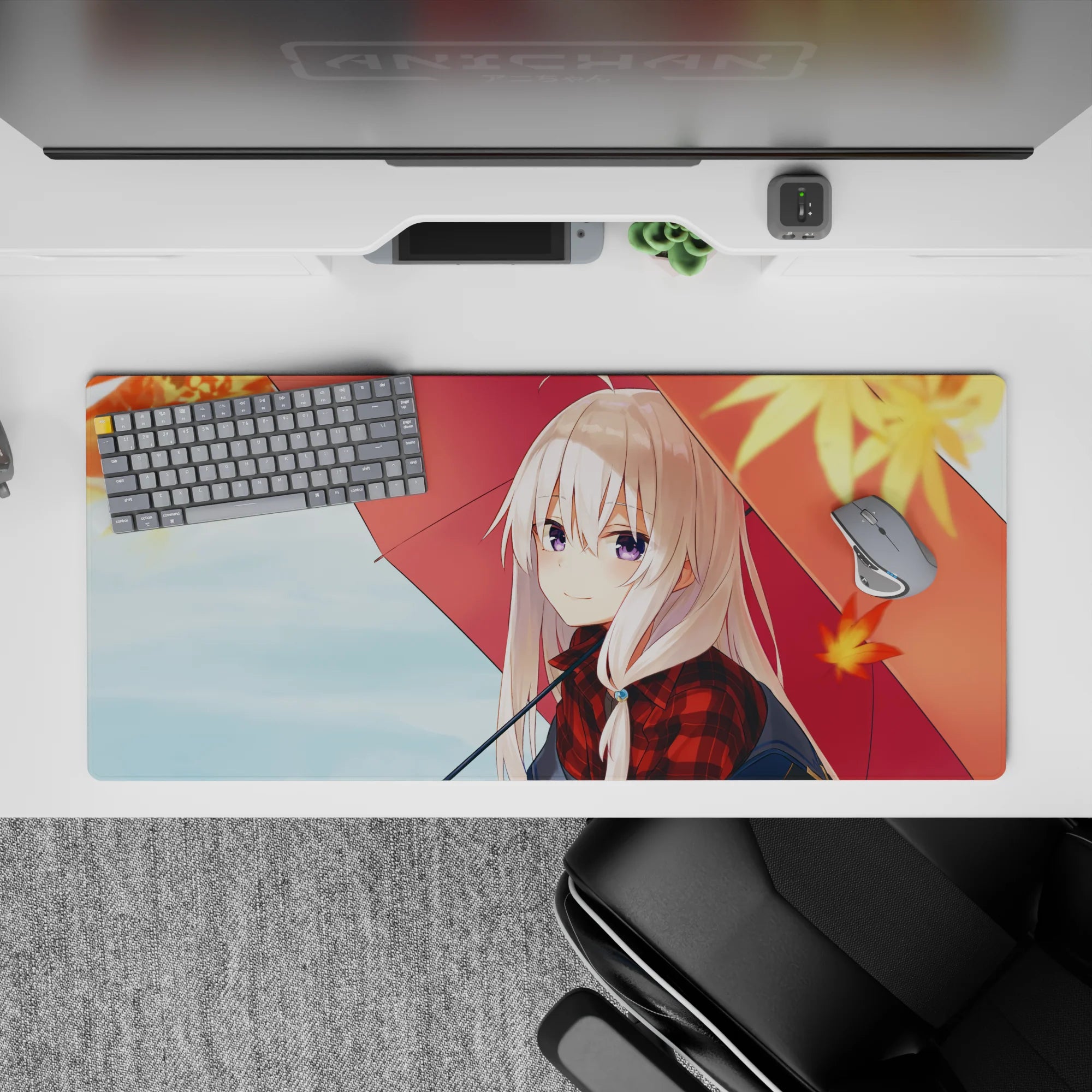 Cozy rainy-day anime mouse pad 36x16 inches in red plaid, soft blues, and warm maple tones.