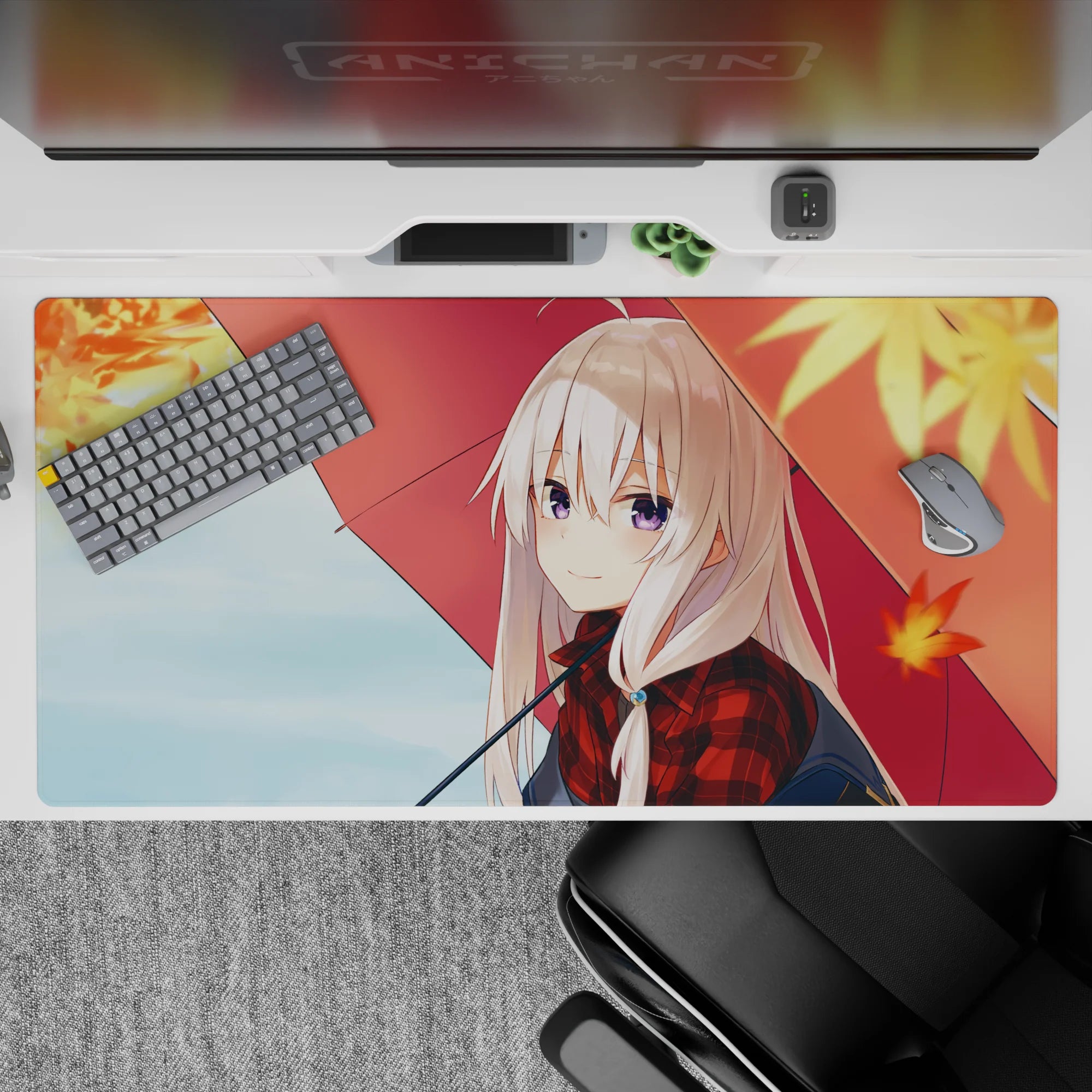 Cozy autumn anime desk pad 40x20 inches in red plaid, soft blues, creamy sky, and violet-eyed charm.