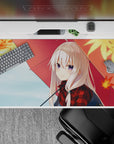 Cozy autumn anime desk pad 40x20 inches in red plaid, soft blues, creamy sky, and violet-eyed charm.