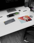 Silver-haired anime girl with violet eyes under a big red umbrella mouse pad 14x10 inches.