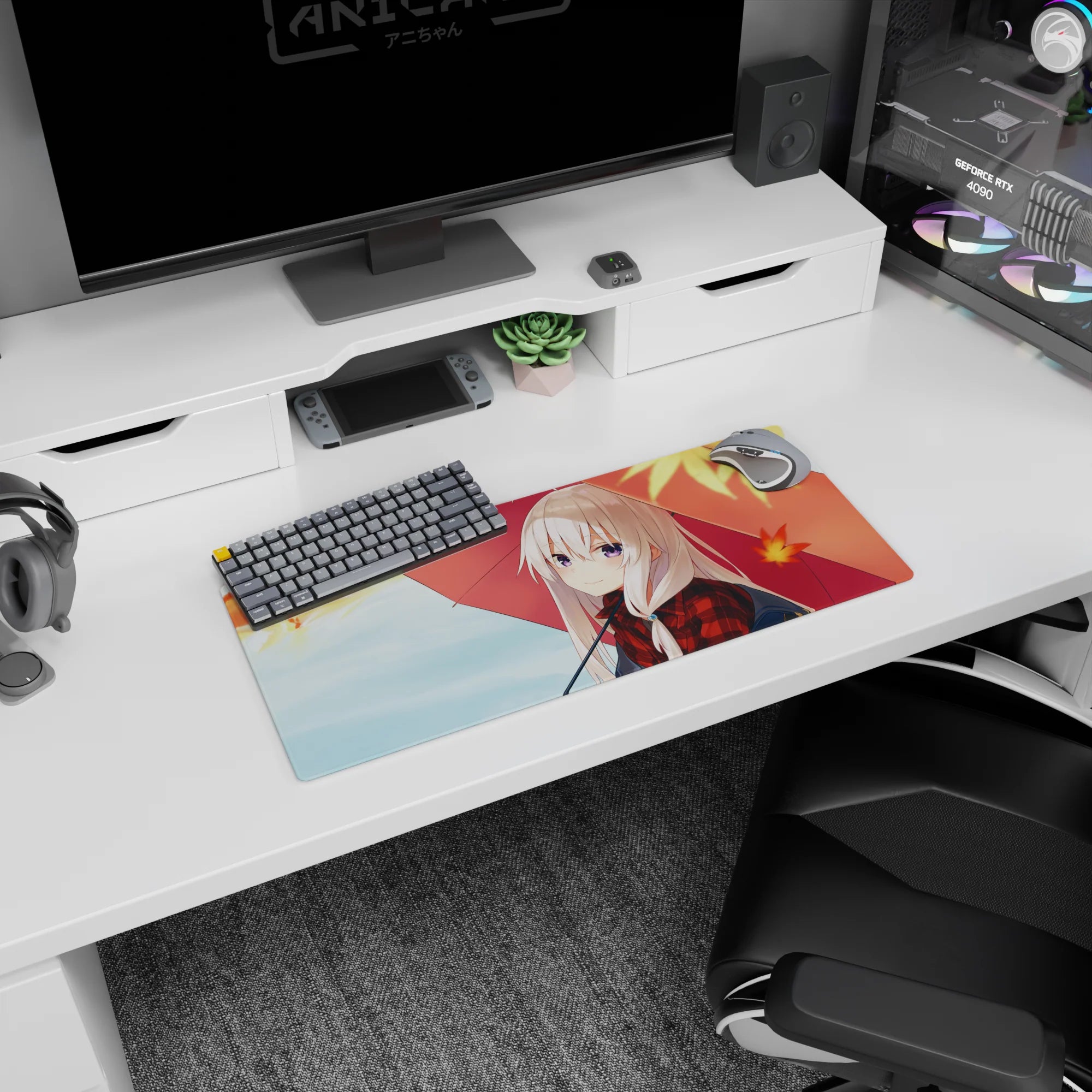 28x12 inches anime mouse pad showing violet-eyed silver-haired girl in red plaid beneath a red umbrella.