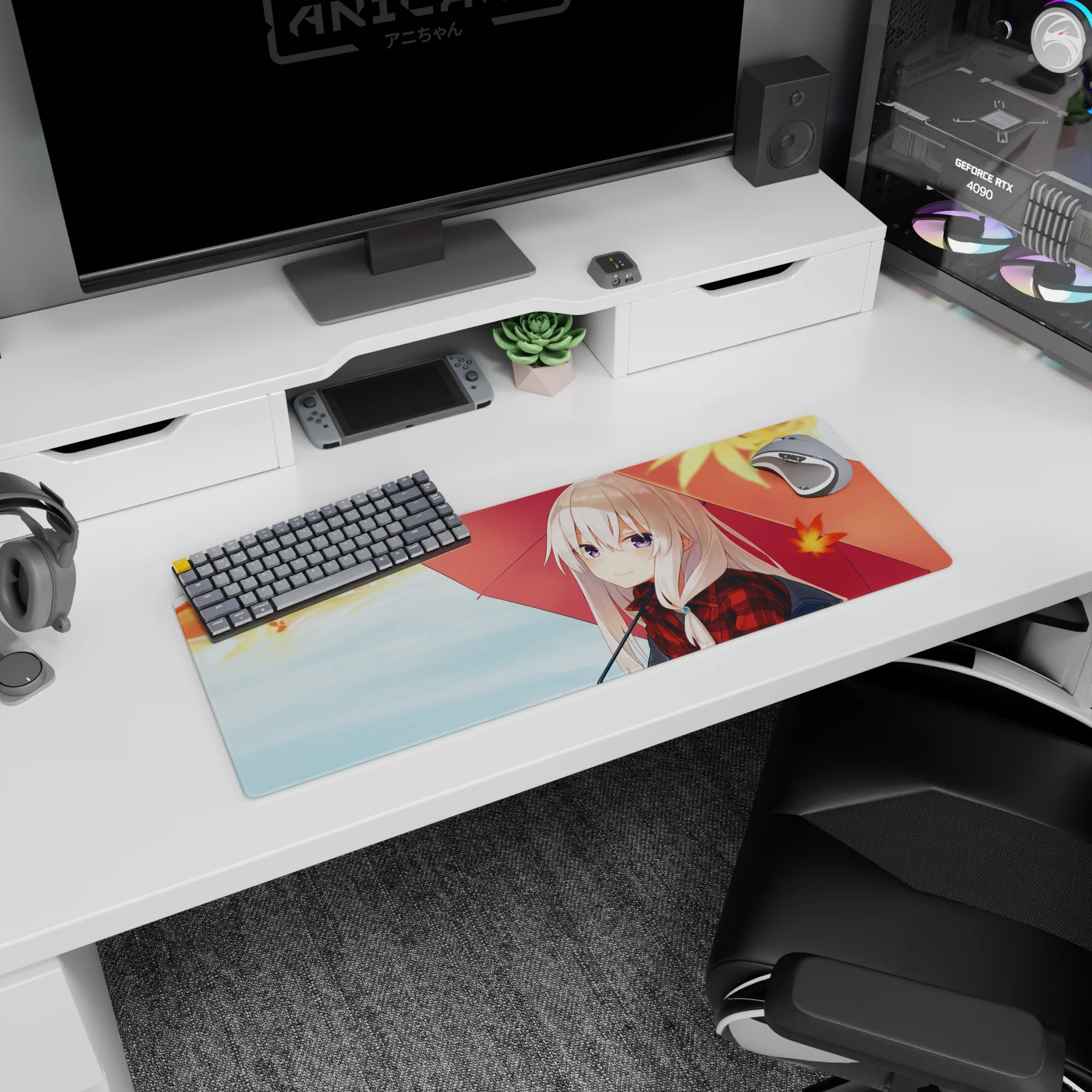 32x12 inches extended mouse pad showing a soft-smiling silver-haired girl sheltering under a big red umbrella.