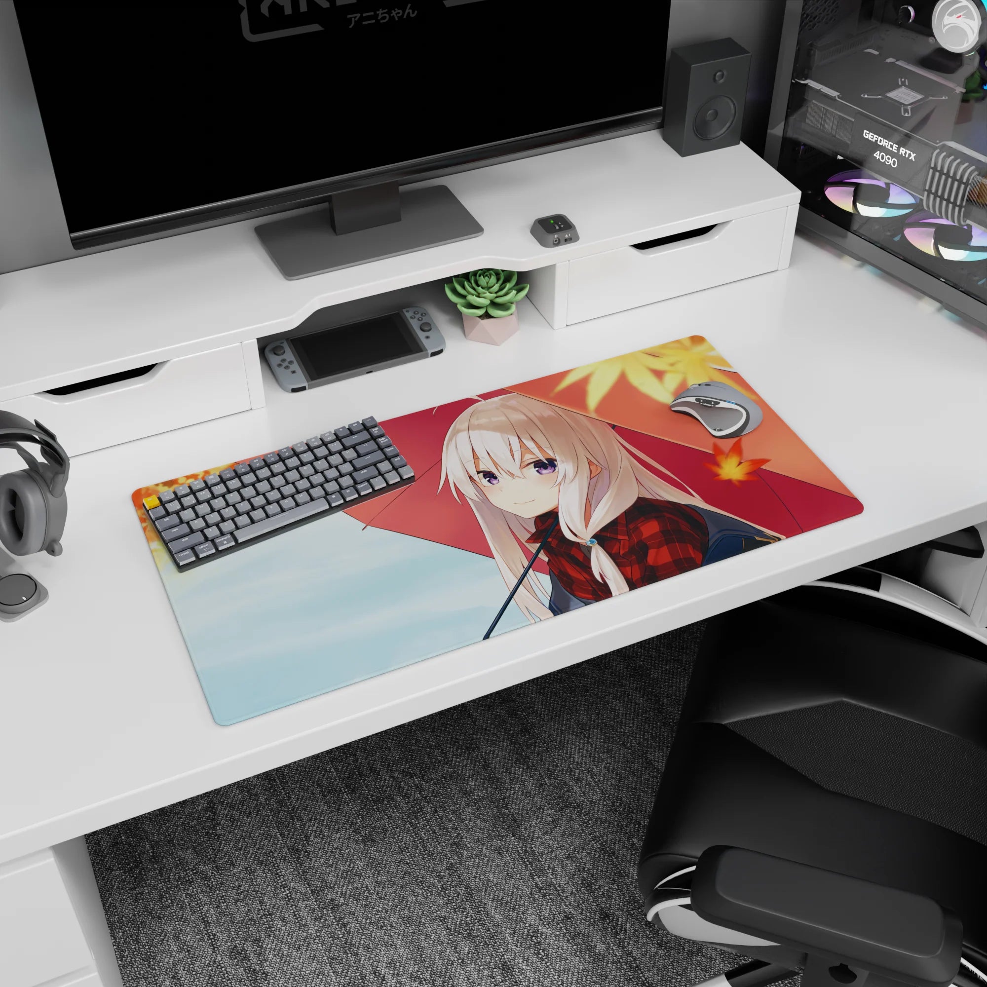 32x16 inches anime mouse pad featuring violet-eyed silver-haired girl, red umbrella, maple leaves.