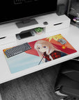 32x16 inches anime mouse pad featuring violet-eyed silver-haired girl, red umbrella, maple leaves.