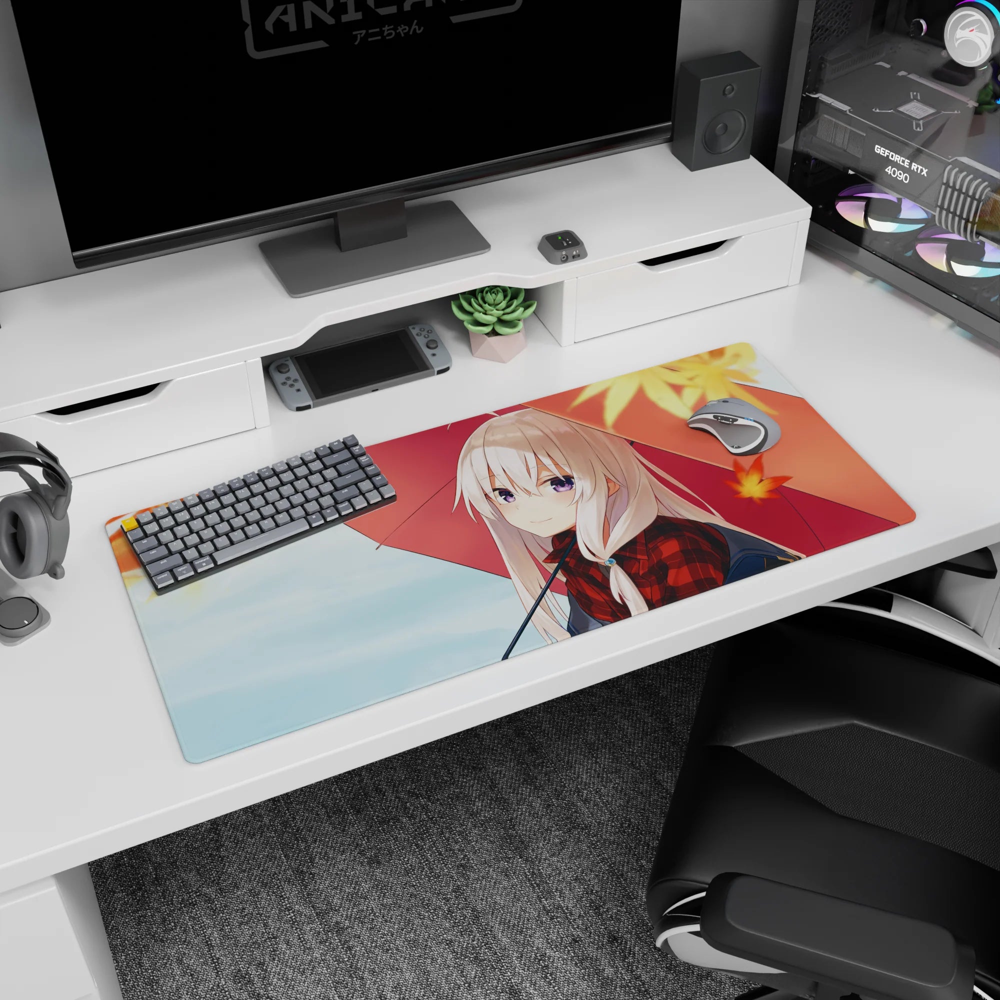 Silver-haired anime girl with violet eyes under a big red umbrella desk pad 36x16 inches.