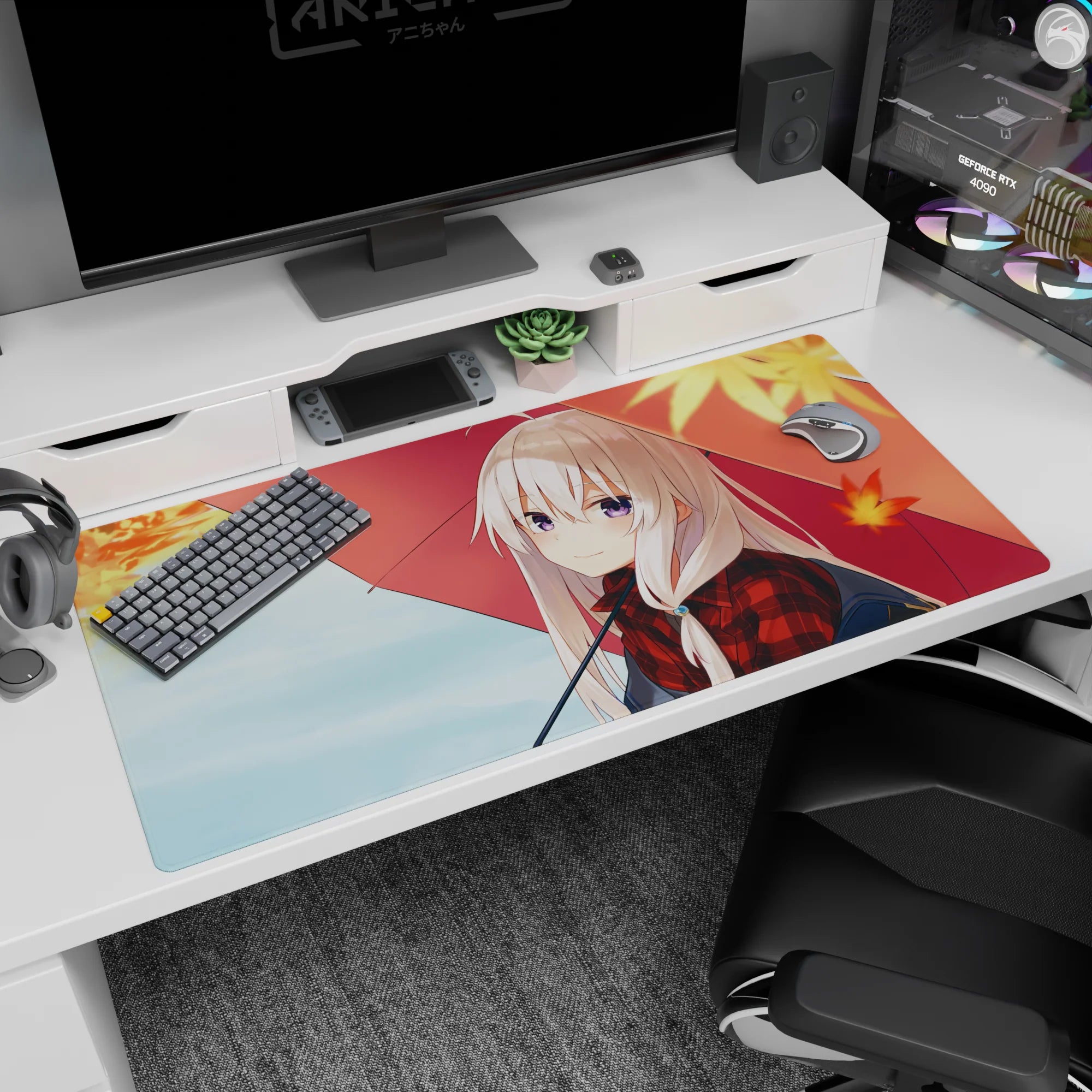 Silver-haired anime girl under a big red umbrella desk pad 40x20 inches, warm leaves in a rainy scene.