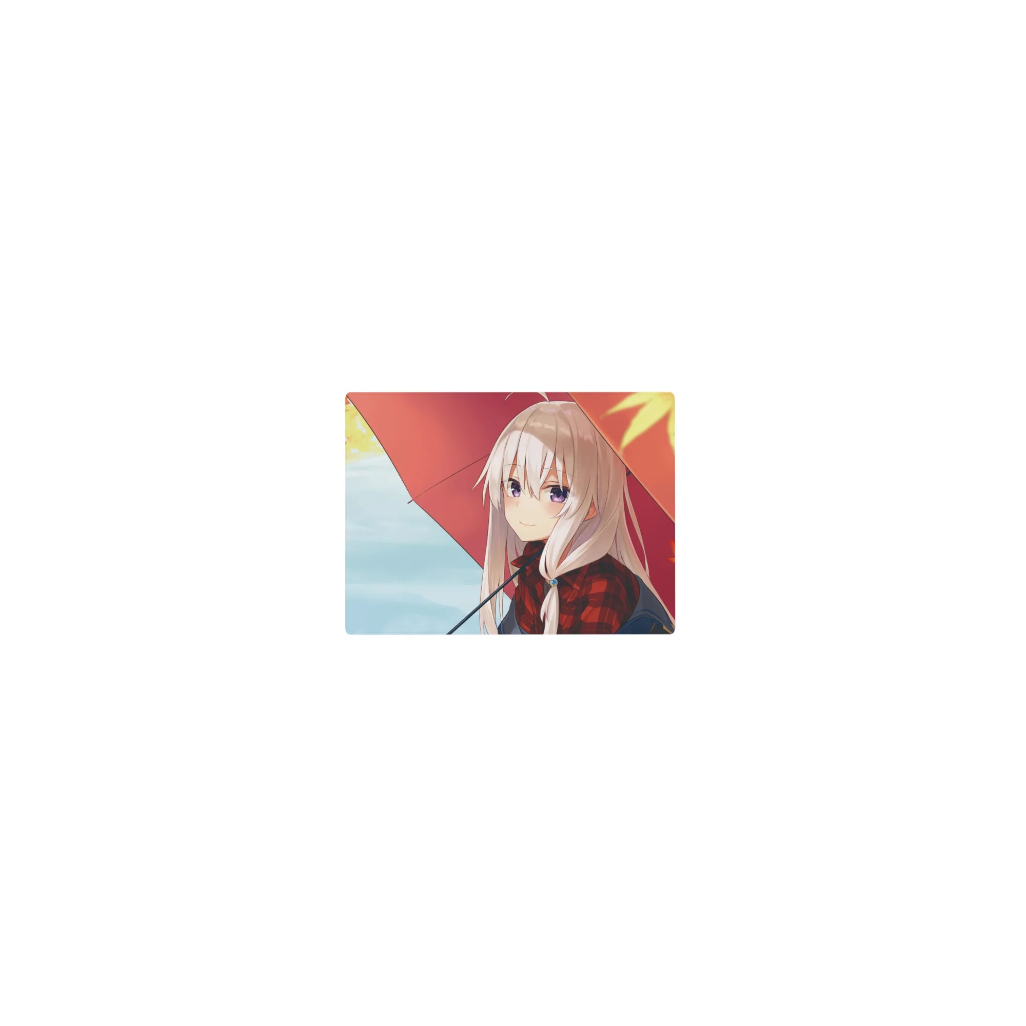 Classic anime girl mouse pad 14x10 inches with silver-haired girl under red umbrella and autumn leaves.