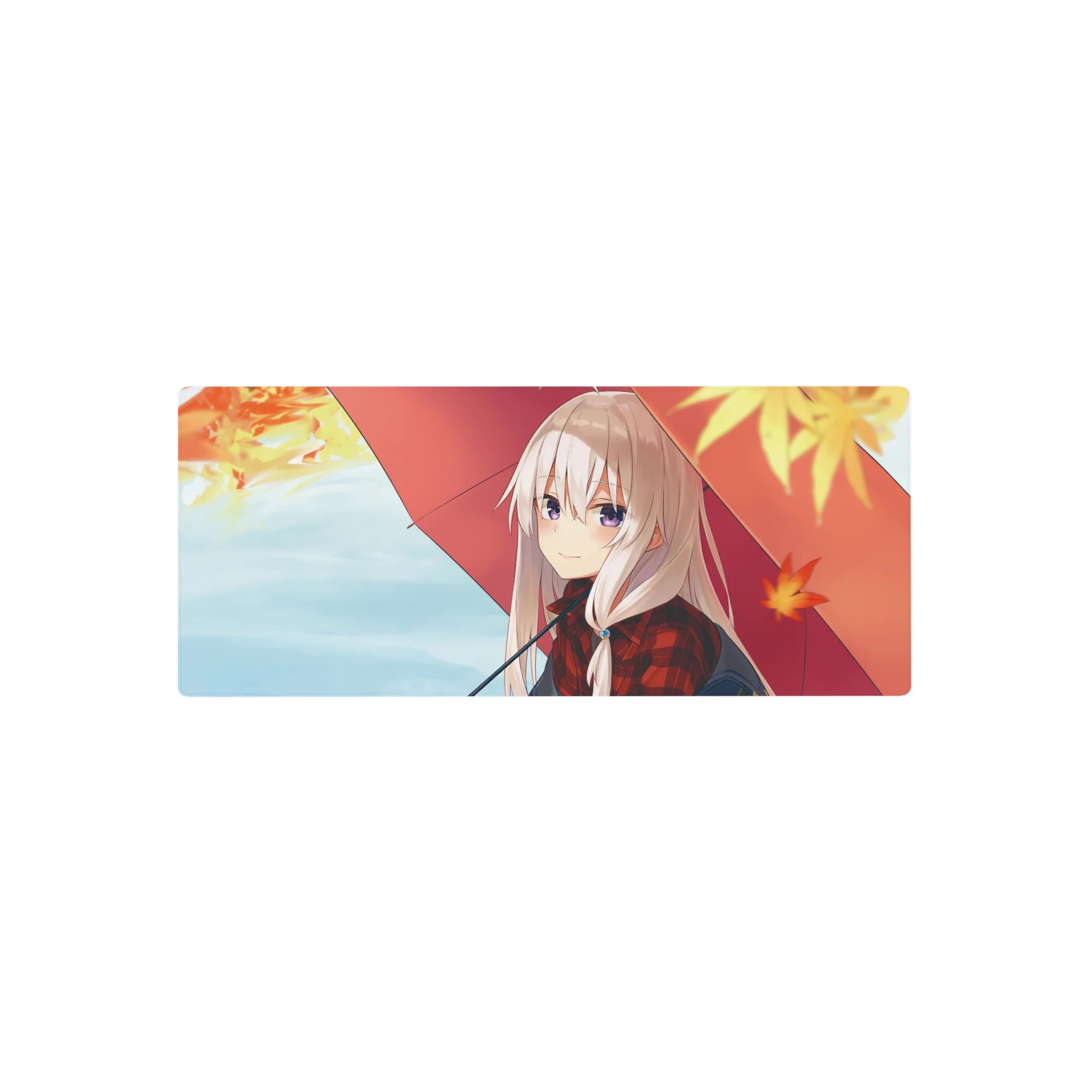 28x12 inches anime girl mouse pad with silver-haired girl under red umbrella and falling autumn leaves.