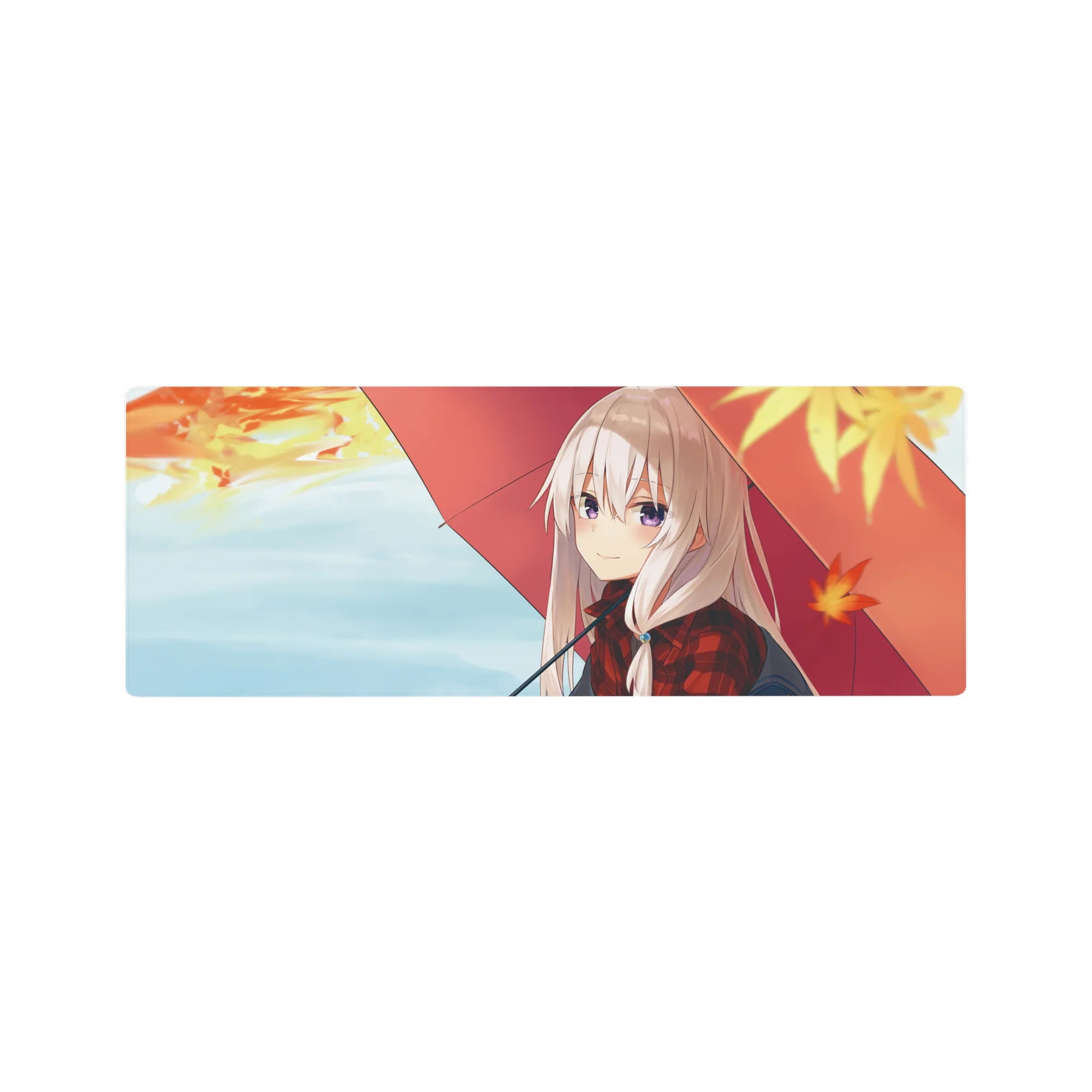 32x12 inches anime girl mouse pad with silver-haired girl under red umbrella and falling autumn leaves.
