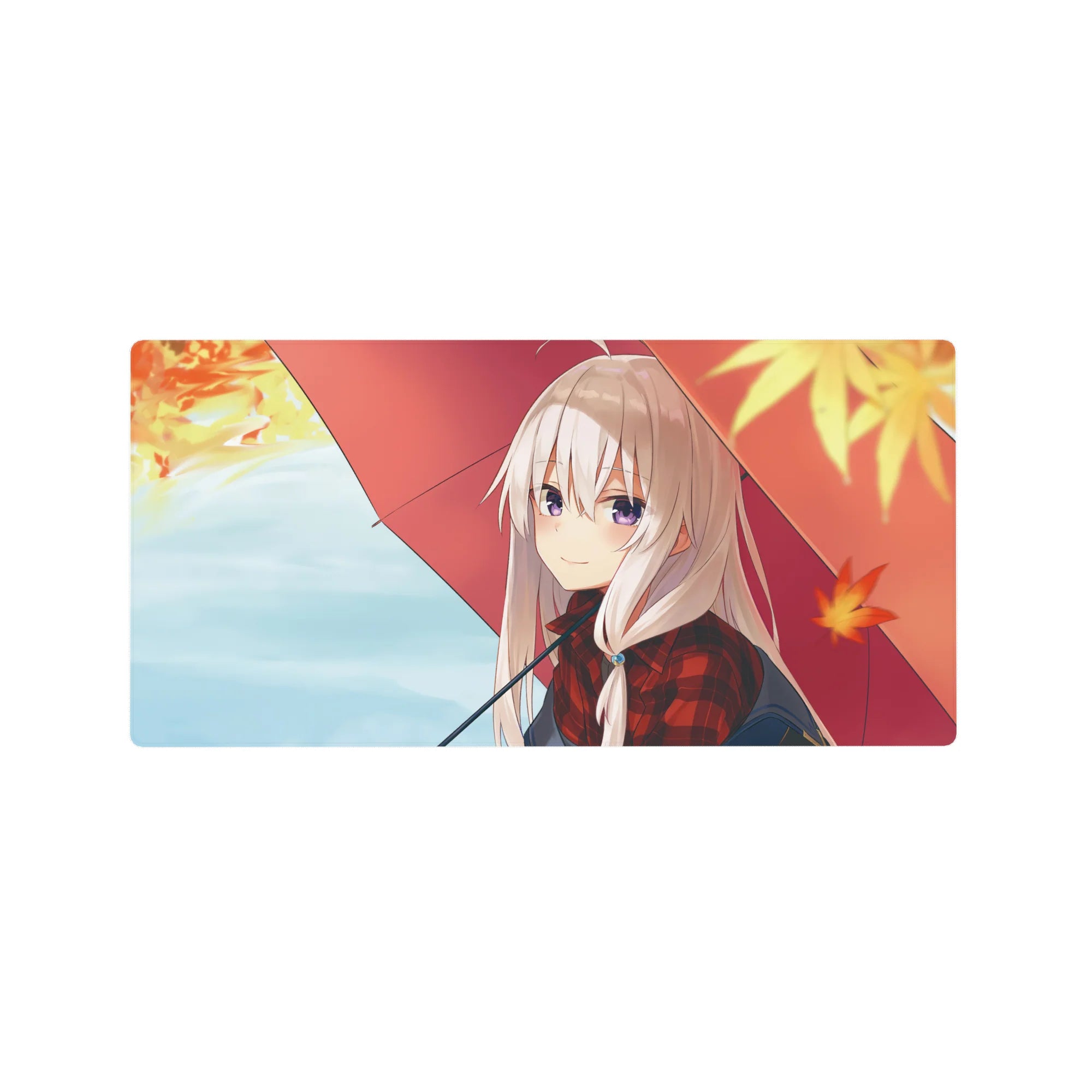 32x16 inches anime girl mouse pad with silver-haired girl under red umbrella, autumn leaves design.