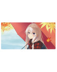 32x16 inches anime girl mouse pad with silver-haired girl under red umbrella, autumn leaves design.