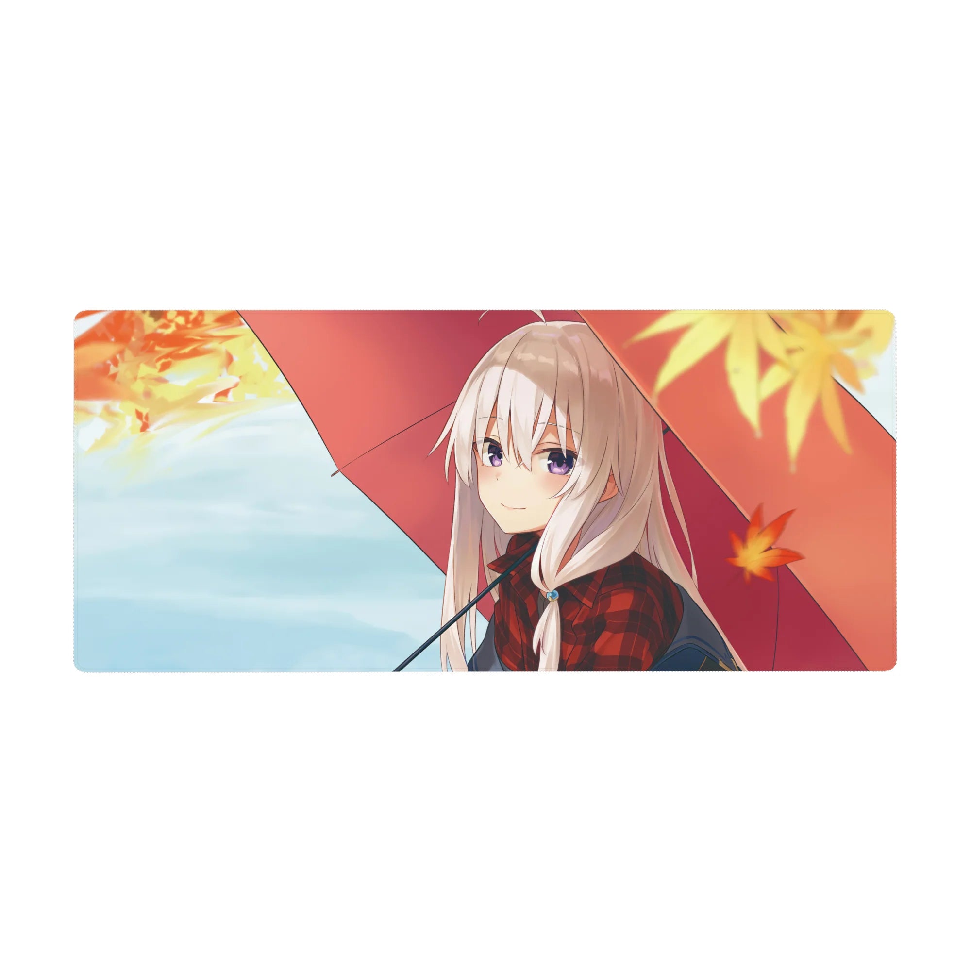 Anime girl desk pad 36x16 inches with silver-haired girl under red umbrella and autumn leaves.