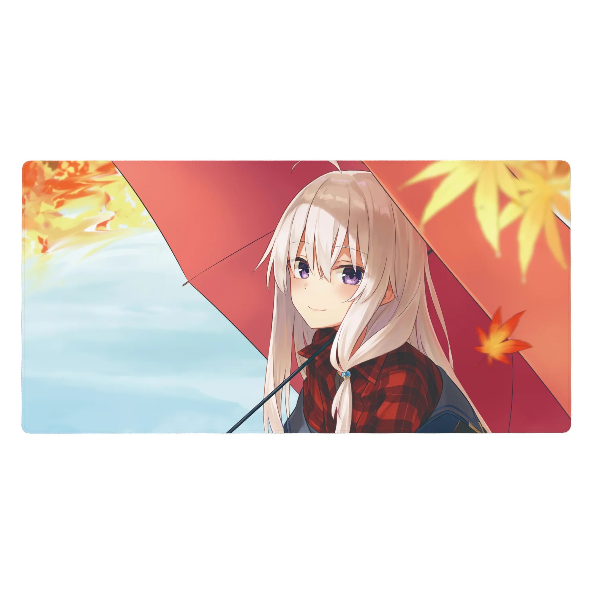 Anime girl desk pad 40x20 inches with silver-haired girl under red umbrella and falling maple leaves.