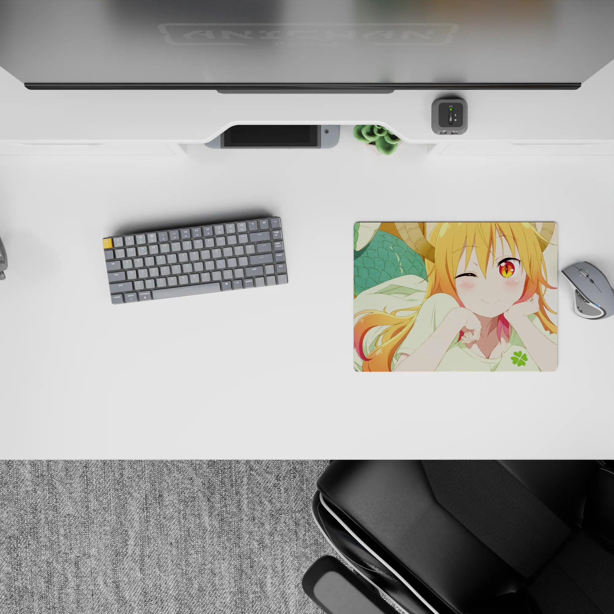 14x10 inches anime girl mouse pad in warm orange-to-pink hair tones, golden eyes, cozy mischievous vibe.