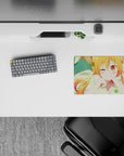 14x10 inches anime girl mouse pad in warm orange-to-pink hair tones, golden eyes, cozy mischievous vibe.