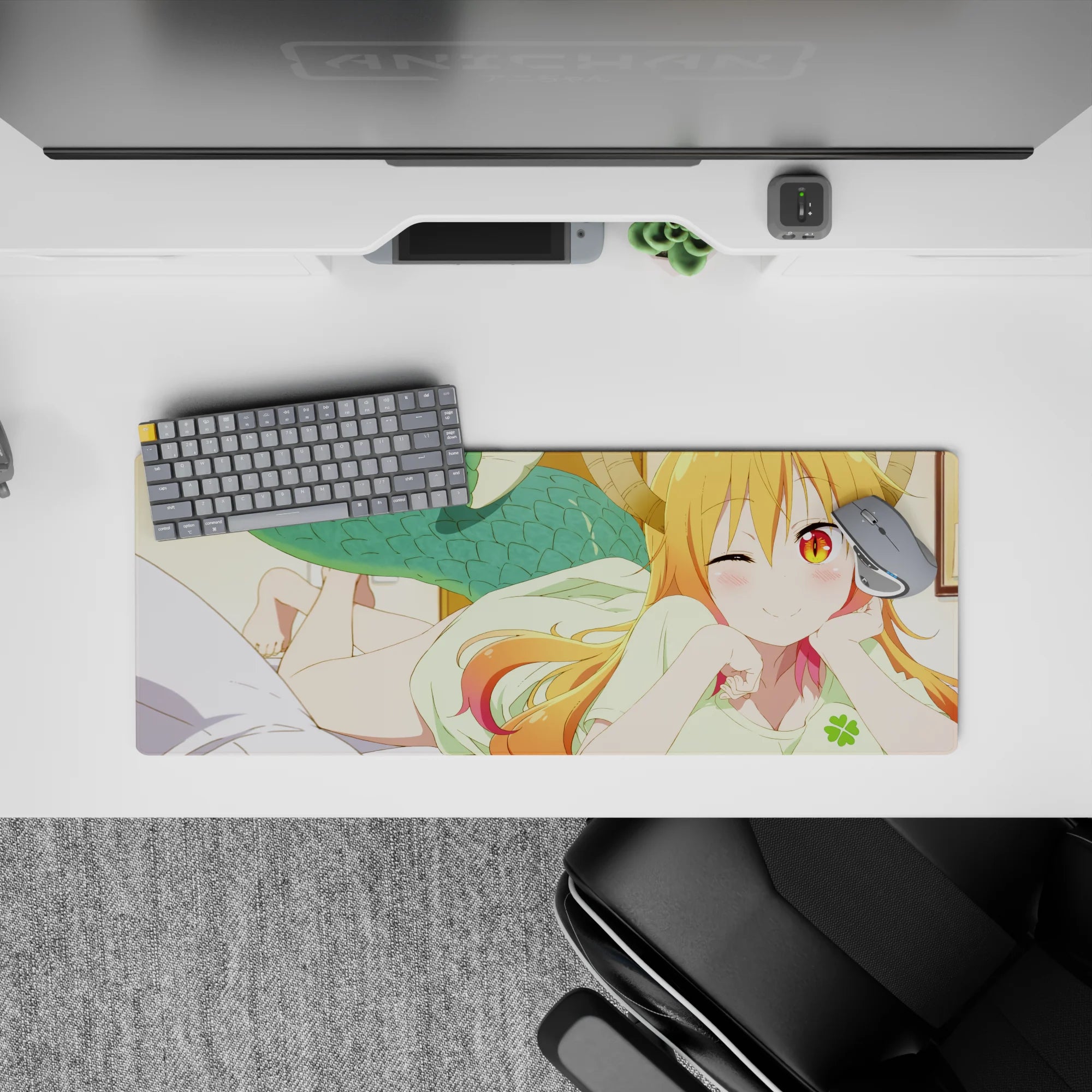 32x12 inches kawaii orange-to-pink hair mouse pad, golden eyes vibe, cozy playful anime desk mat.