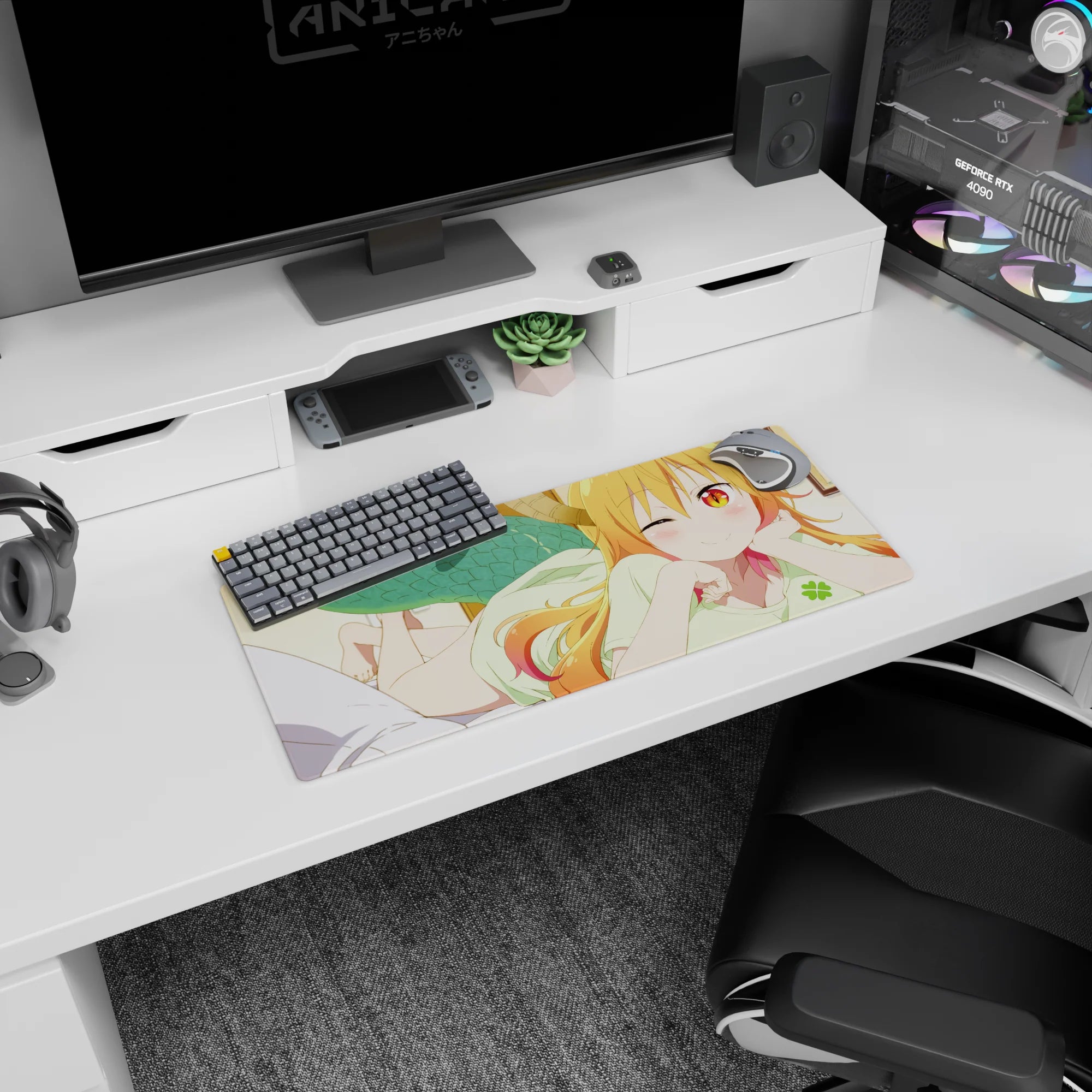 Tohru from Miss Kobayashi's Dragon Maid lounging and winking on an anime mouse pad 28x12 inches.