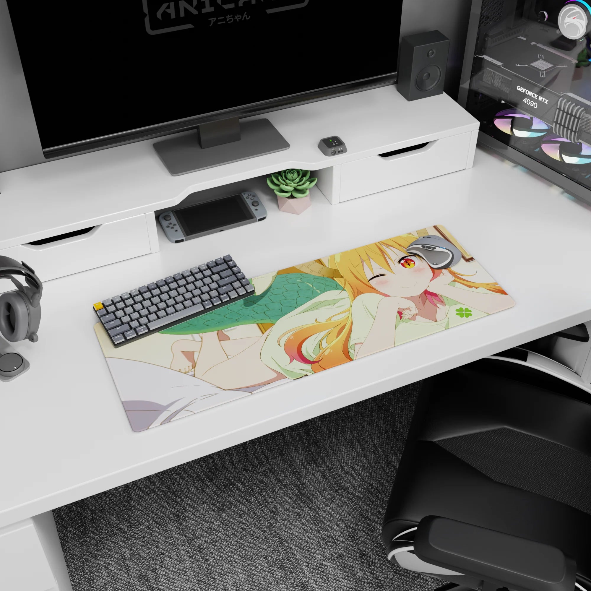 32x12 inches Kobayashi-san Chi no Maid Dragon Tohru lounging and winking extended mouse pad.