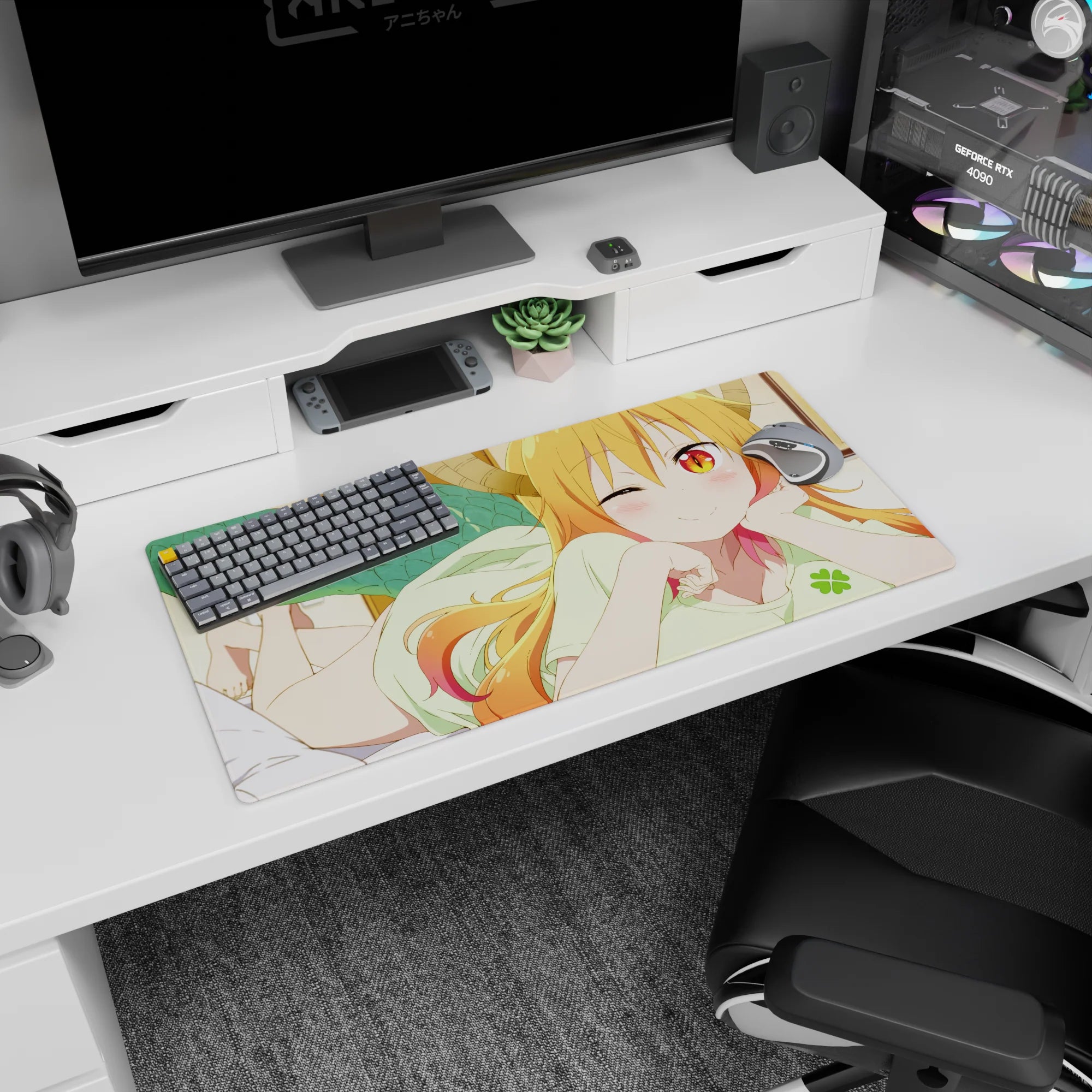 32x16 inches Tohru dragon maid mouse pad lounging and winking, curved horns and teal scales on desk mat.