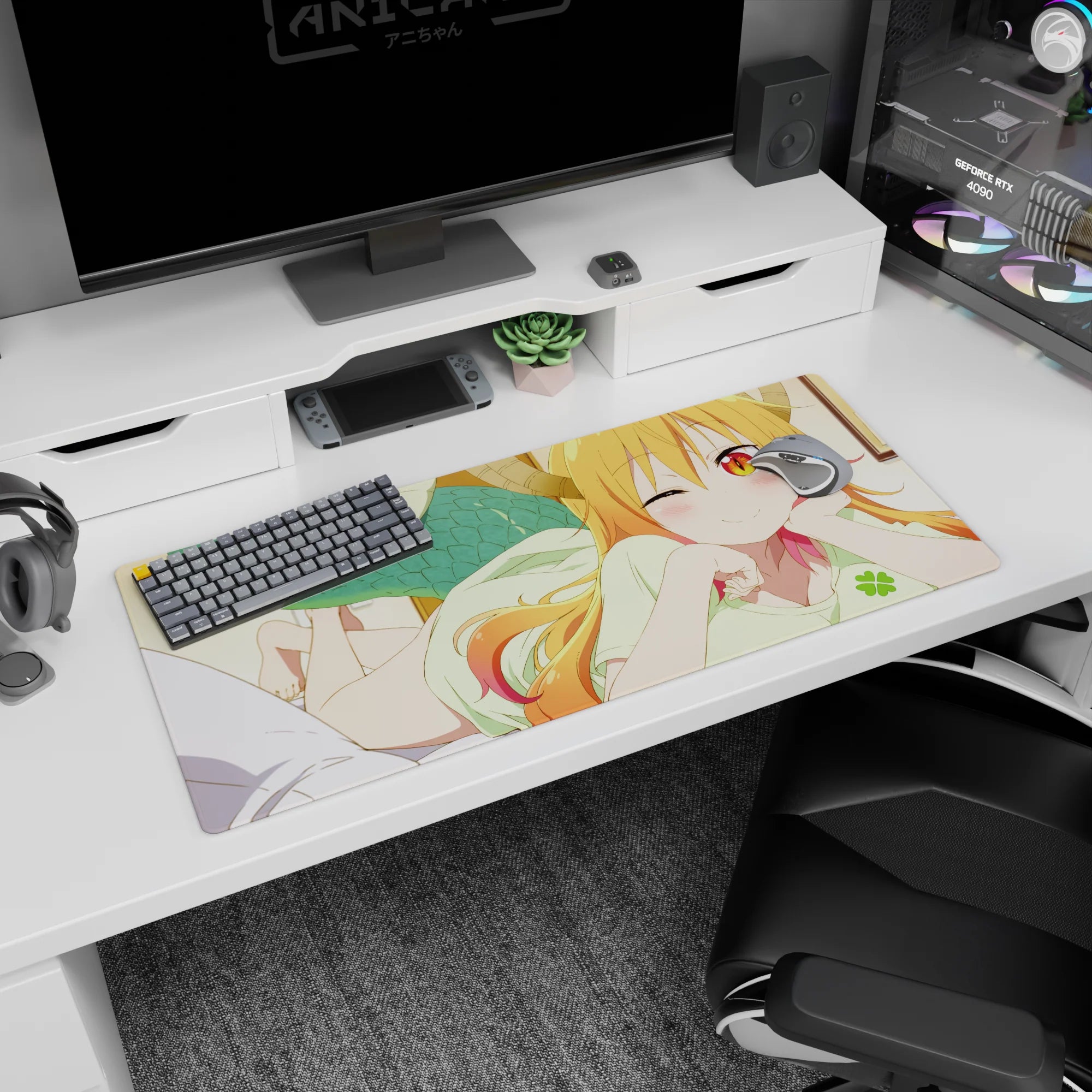 Tohru from Miss Kobayashi's Dragon Maid lounging and winking on a 36x16 inches anime desk pad.