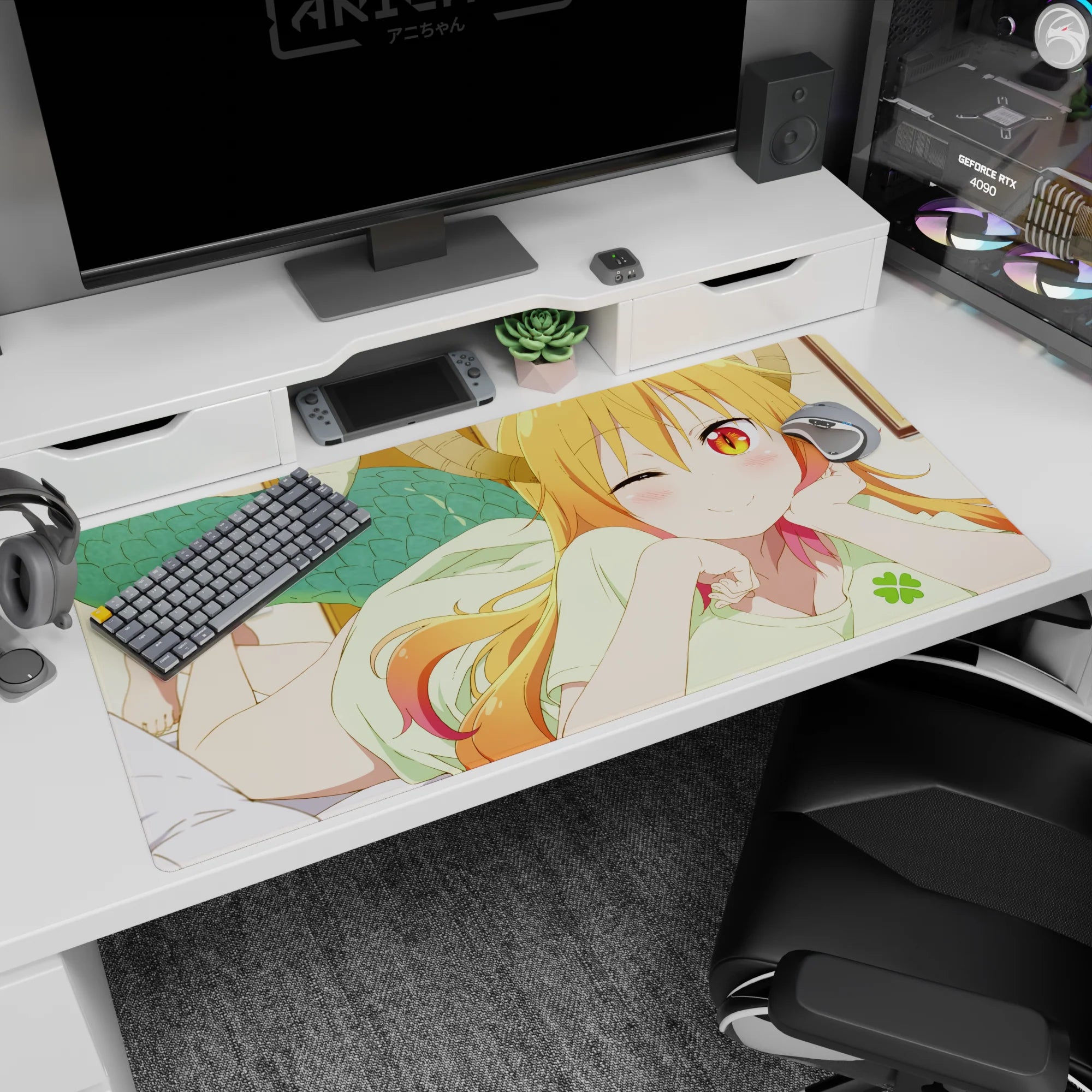 40x20 inches Kobayashi-san Chi no Maid Dragon desk pad featuring Tohru lounging and winking.