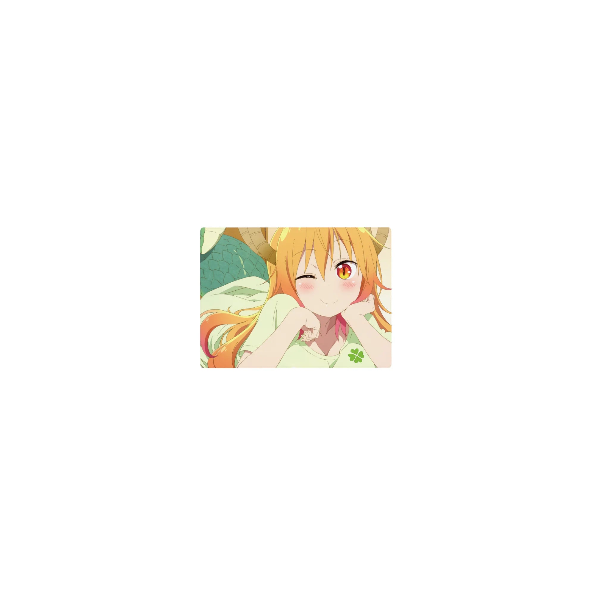Classic anime girl mouse pad 14x10 inches with winking dragon maid, horns and teal scales, smooth surface.