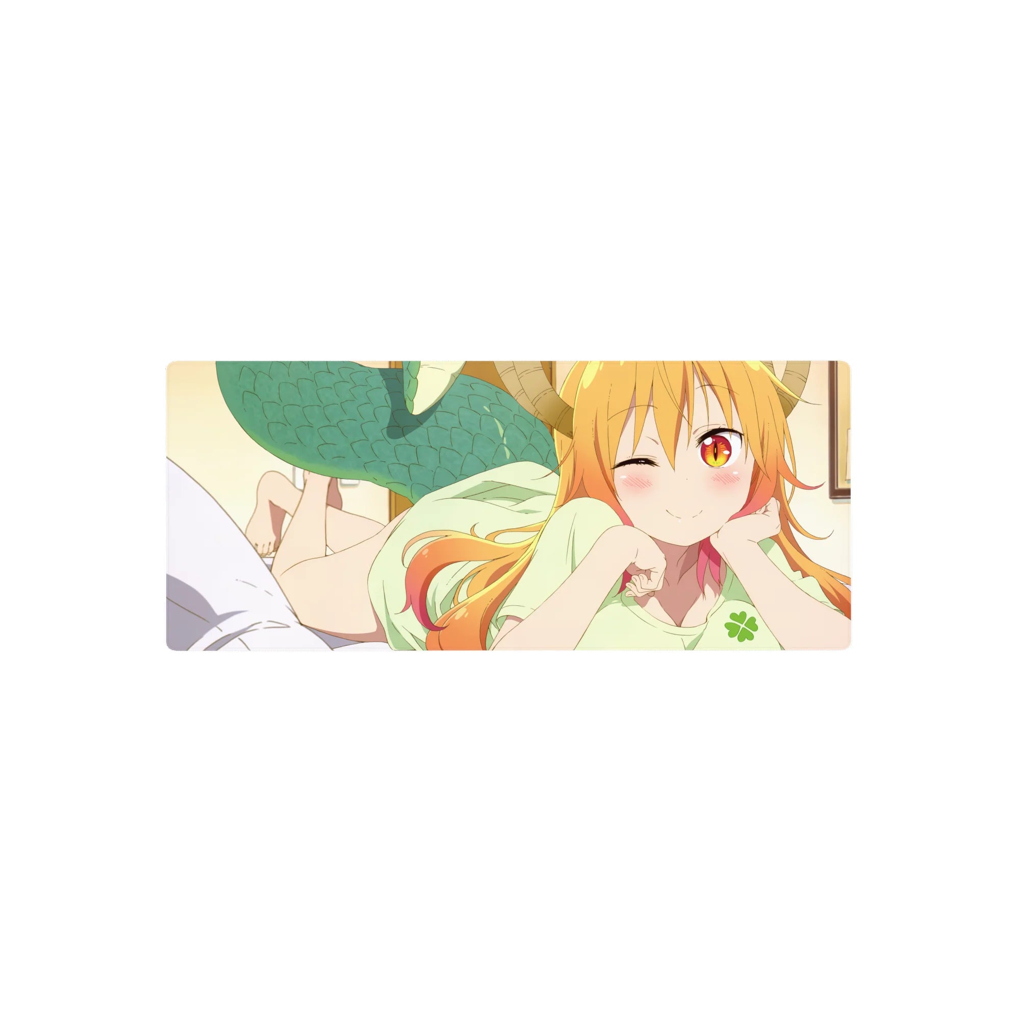 Anime girl mouse pad 28x12 inches with winking dragon maid, curved horns, teal scales, smooth tracking.