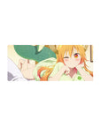 Anime girl mouse pad 28x12 inches with winking dragon maid, curved horns, teal scales, smooth tracking.