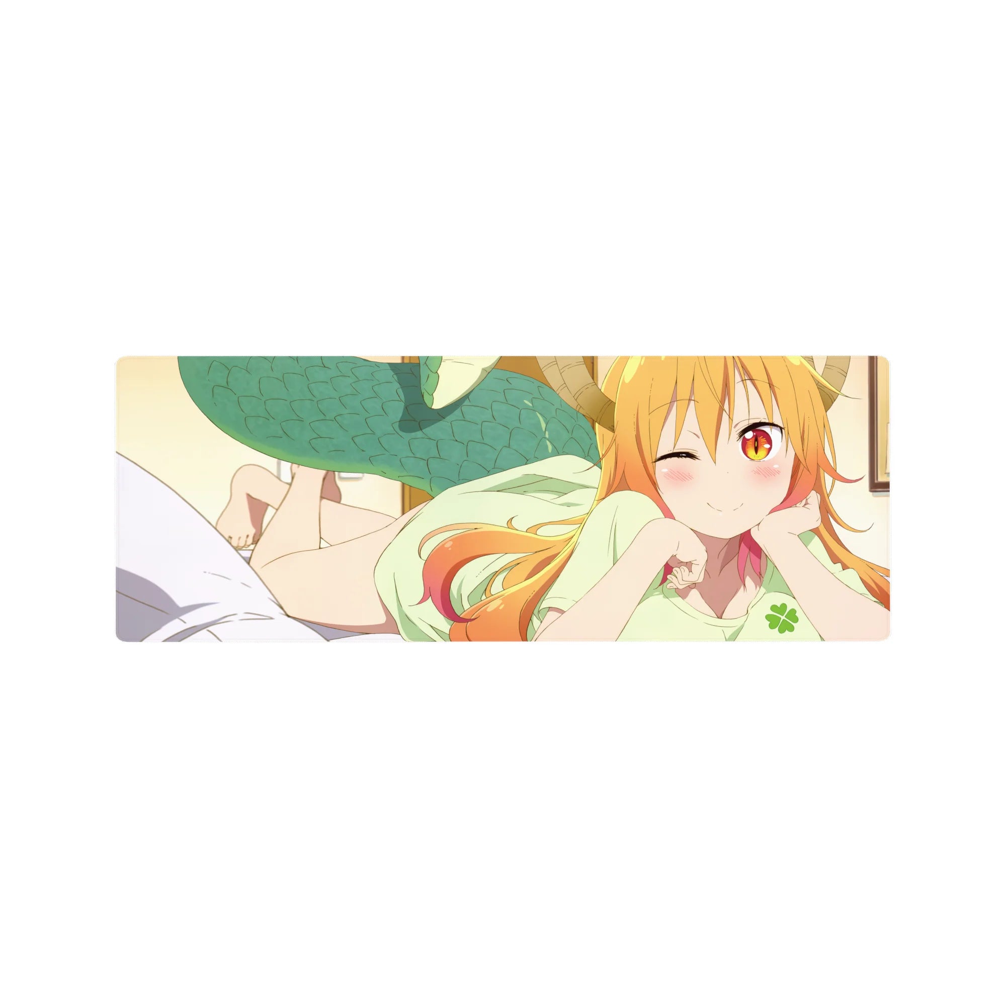 32x12 inches anime girl mouse pad with winking dragon maid, horns, teal scales, smooth extended desk mat.