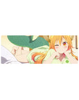 32x12 inches anime girl mouse pad with winking dragon maid, horns, teal scales, smooth extended desk mat.