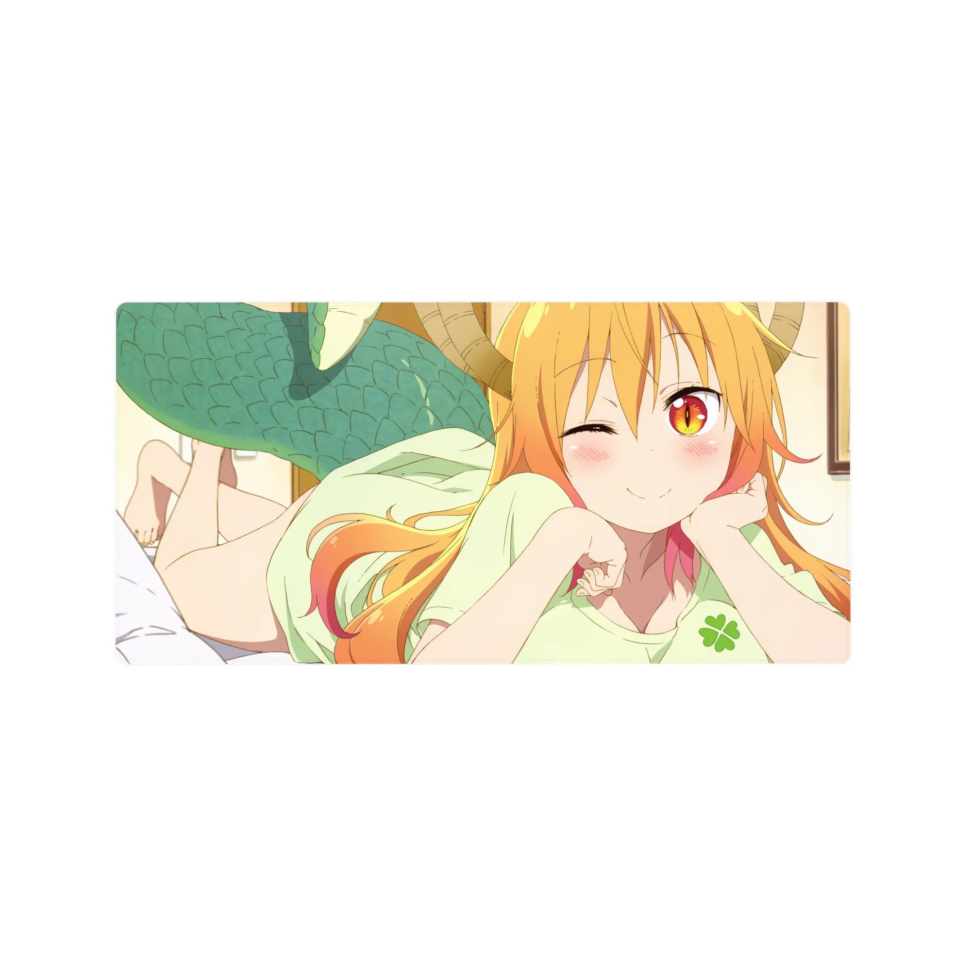 32x16 inches anime girl mouse pad with winking dragon maid, horns, teal scales, smooth desk mat design.