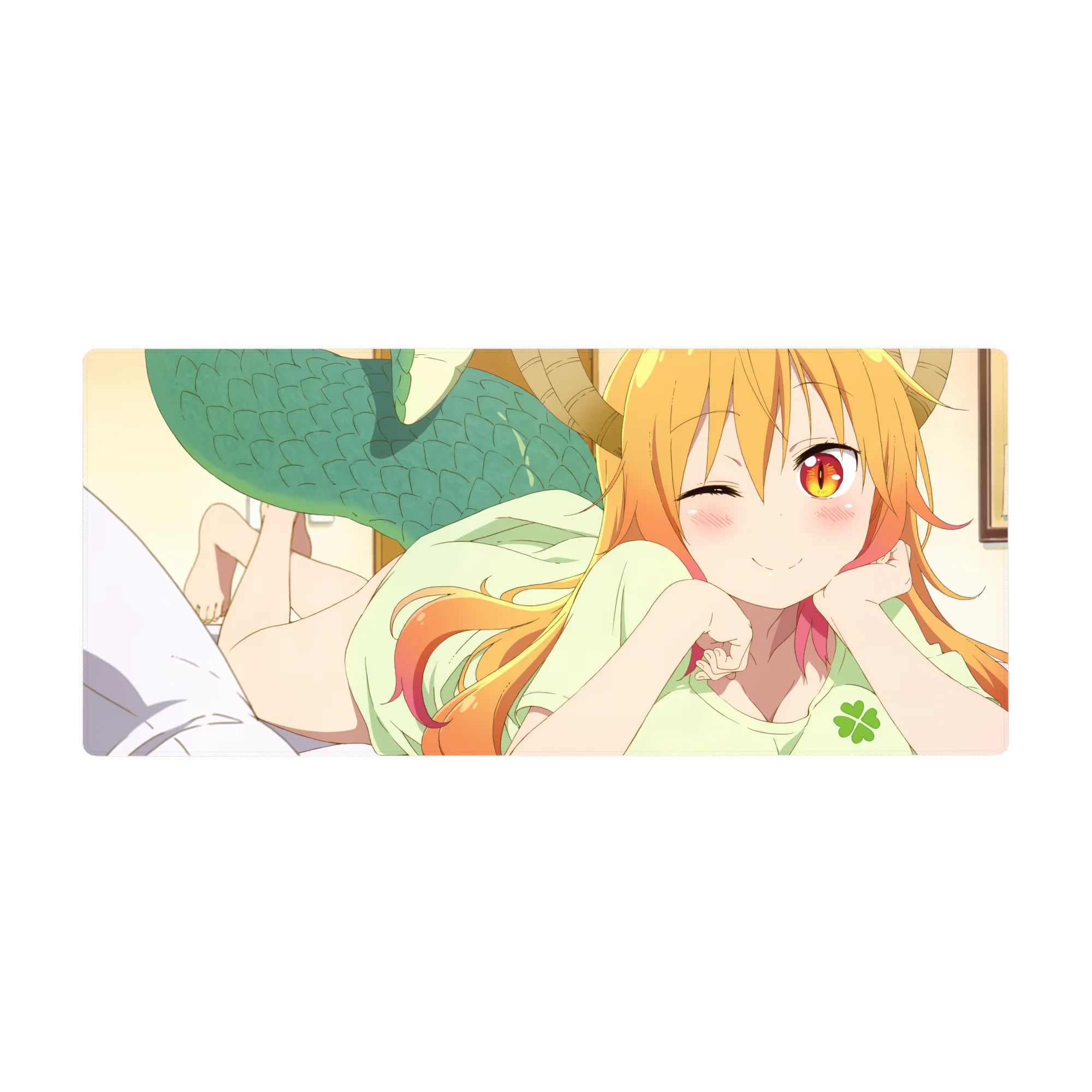 Anime girl desk pad 36x16 inches with dragon maid theme, horns and teal scales, smooth gaming surface.