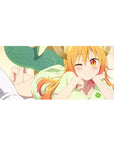 Anime girl desk pad 36x16 inches with dragon maid theme, horns and teal scales, smooth gaming surface.