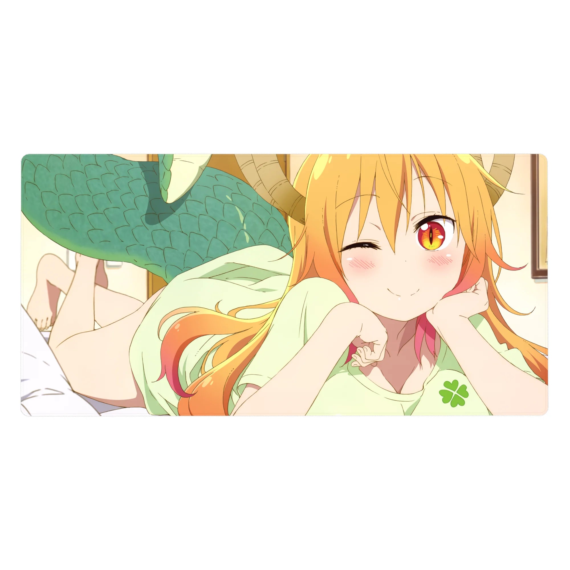 40x20 inches anime girl desk pad with winking dragon maid, horns and teal scales, smooth gaming surface.