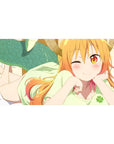 40x20 inches anime girl desk pad with winking dragon maid, horns and teal scales, smooth gaming surface.